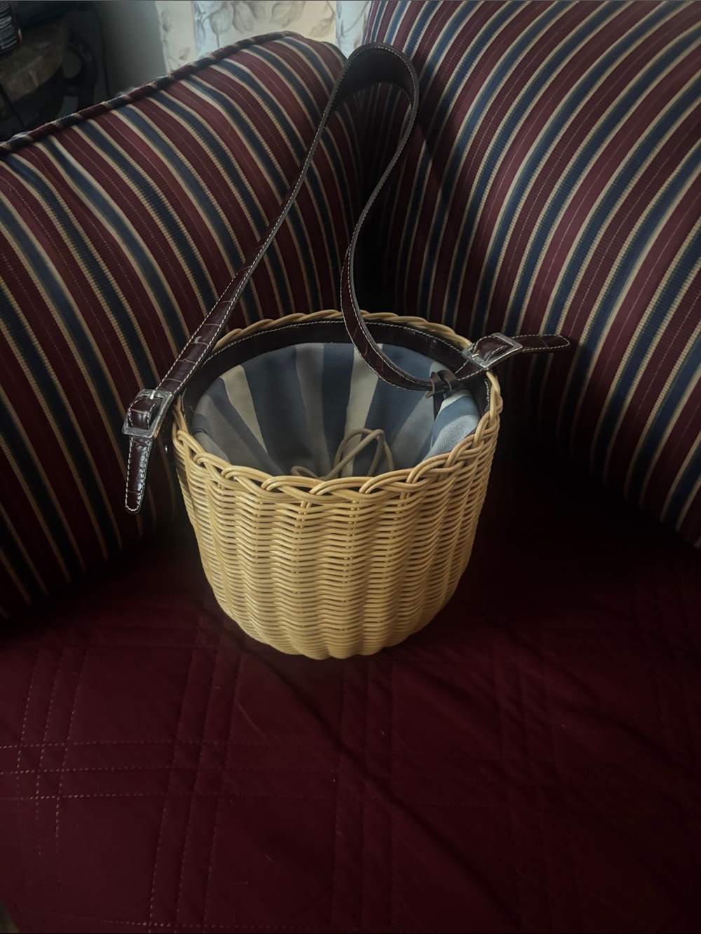 Brighton Woven Basket shoulder bag with Brown Leather Strap and Blue Liner